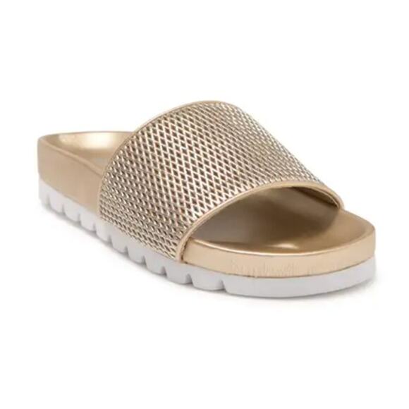 J/Slides Urban Sport Textured Leather Slide Sandal, Gold Laser, Size 9 - Picture 1 of 10